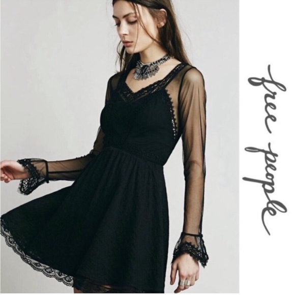 Free People Dresses & Skirts - Free People Women’s Black Victorian Sheer Lace detail mini dress size 6